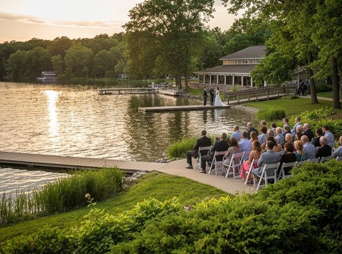 Lakeside Wedding Venue: Outdoor Ceremony and Reception by the Lake Outdoor lakeside ceremony at sunset: people seated in rows near the water, with a wooden dock, trees, and a pavilion in the background.